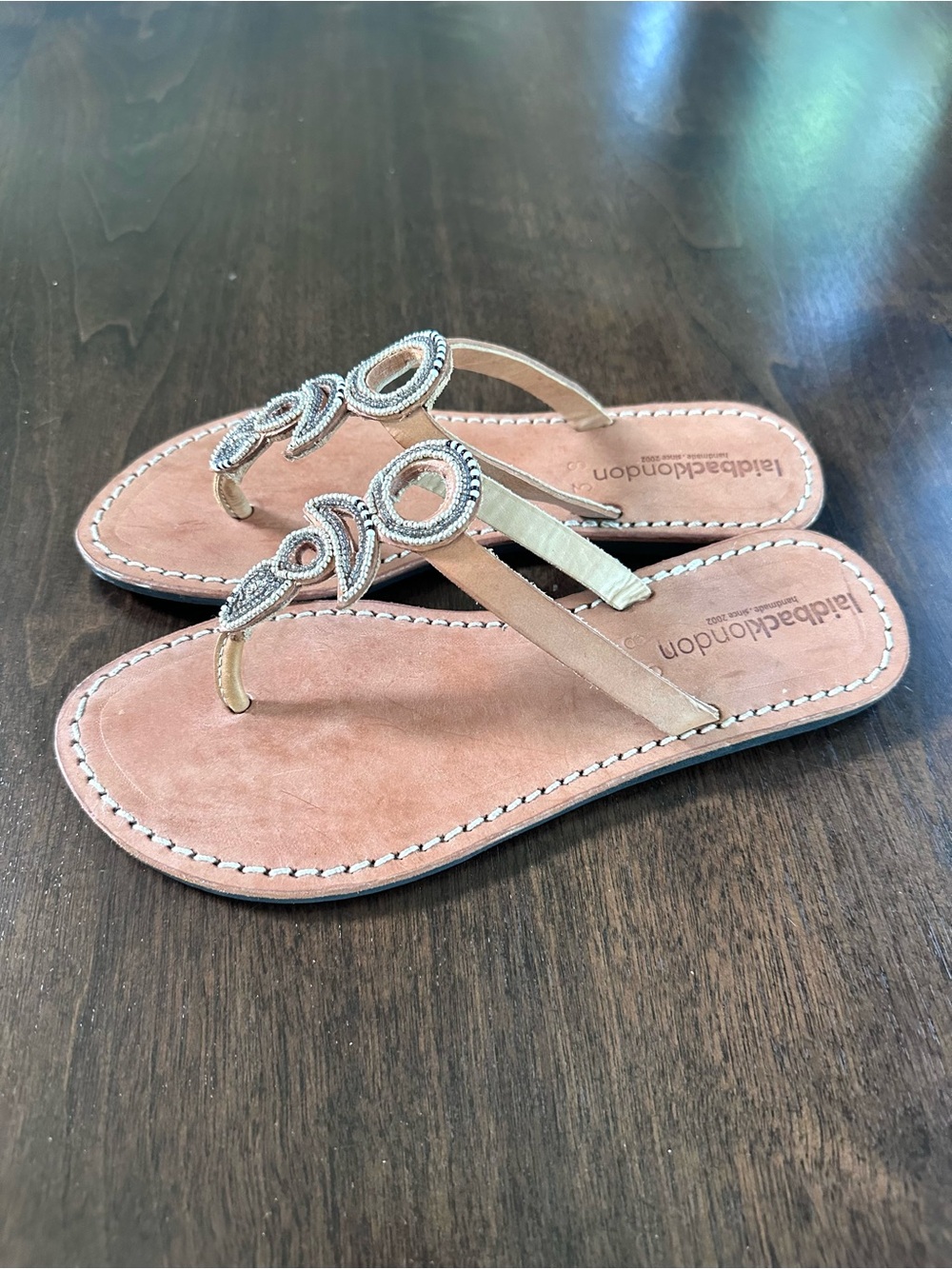 Free People Laidback London Hand Beaded Leather Flip Flop Sandals Tan 38 7 NWOT